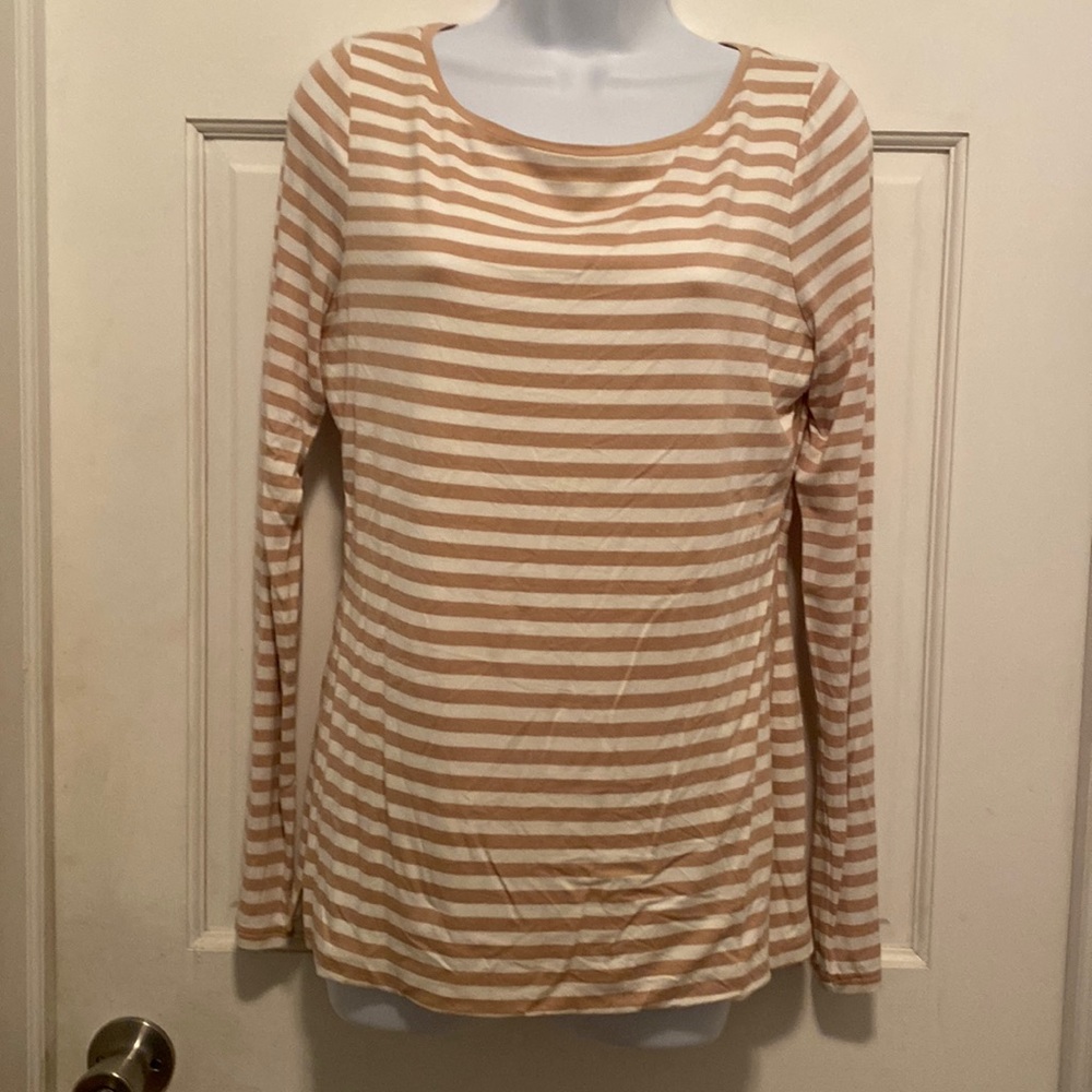 White House Black Market Fawn/Ecru Stripe Long Sleeve  Size M Shirt NWT